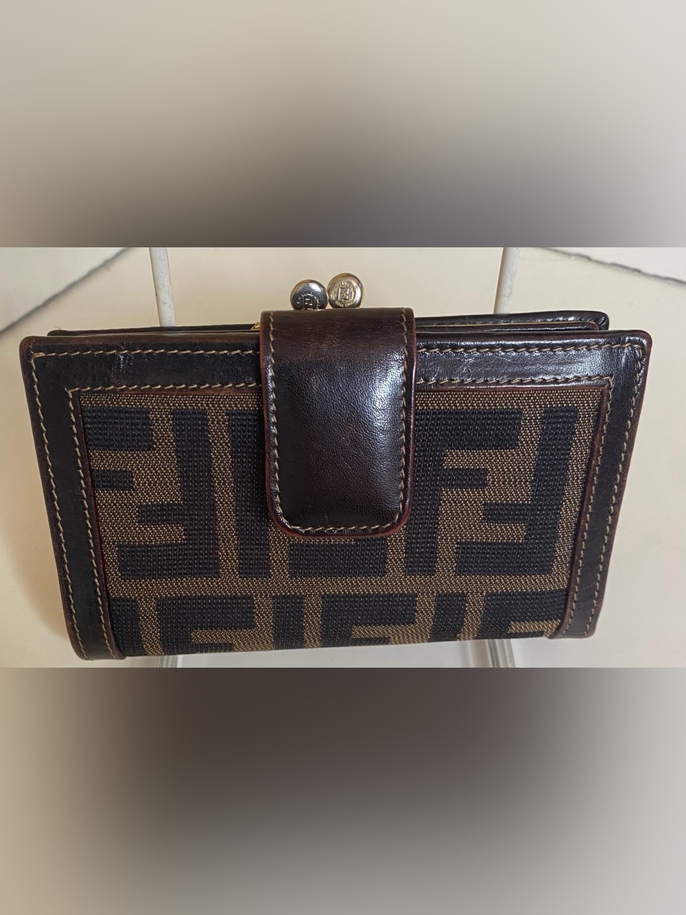 FENDI ZUCCA MONOGRAM CANVAS AND LEATHER KISS- LOCK, COMPACT WALLET